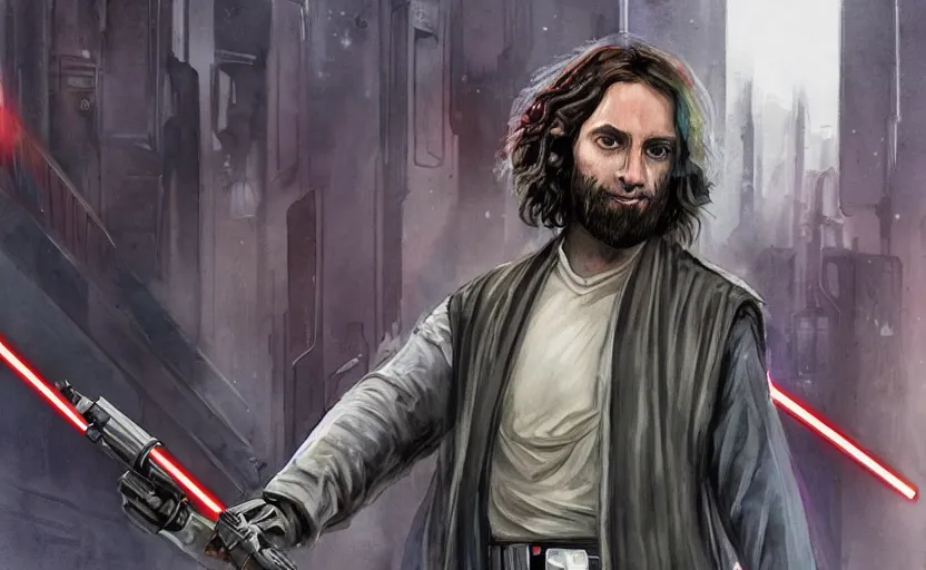 Prompt: a realistic star wars watercolor fantasy concept art of chris d'elia as a drug dealer in a sleazy futuristic city of coruscant, hq, 4 k