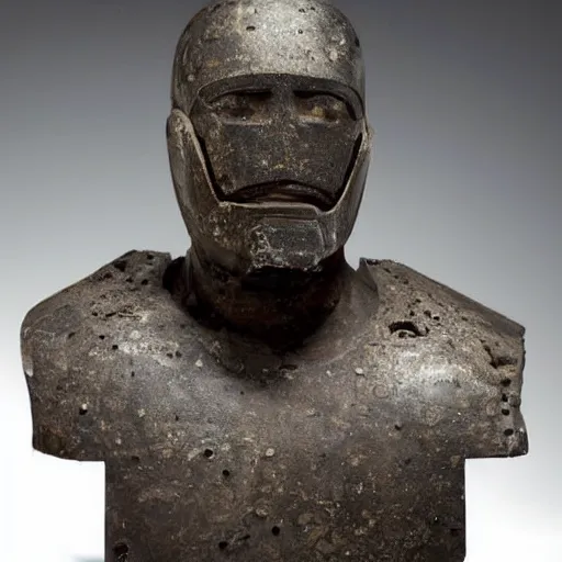 Image similar to an extremely ancient ironman bust that is tarnished and covered in sediment from uncovered earth expedition, rare photograph, smithsonian,