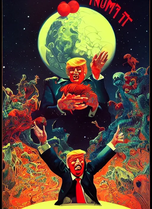 Image similar to donald trump is a clown destroying the planet, grotesque, horror, high details, intricate details, by vincent di fate, artgerm julie bell beeple, 60s, inking, vintage 60s print, screen print