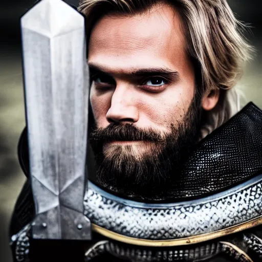 Prompt: PewDiePie as a knight, EOS-1D, f/1.4, ISO 200, 1/160s, 8K, RAW, unedited, symmetrical balance, in-frame
