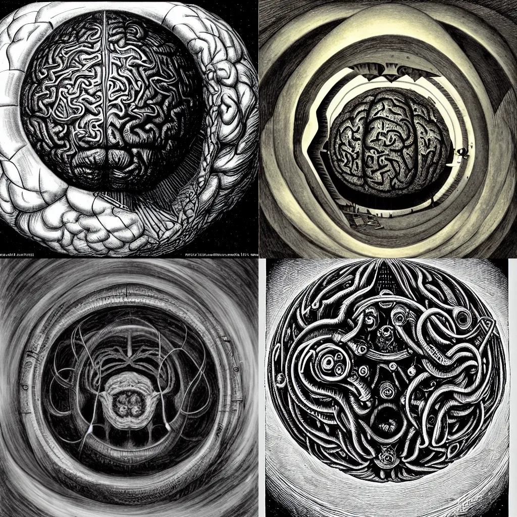 Prompt: Brain of Azathoth inside a sphere by H.R. Giger