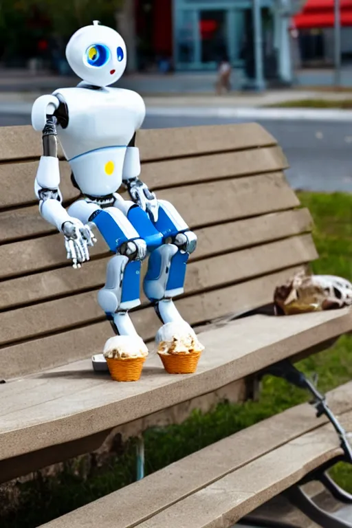 Image similar to a robot sitting on a bench eating ice cream