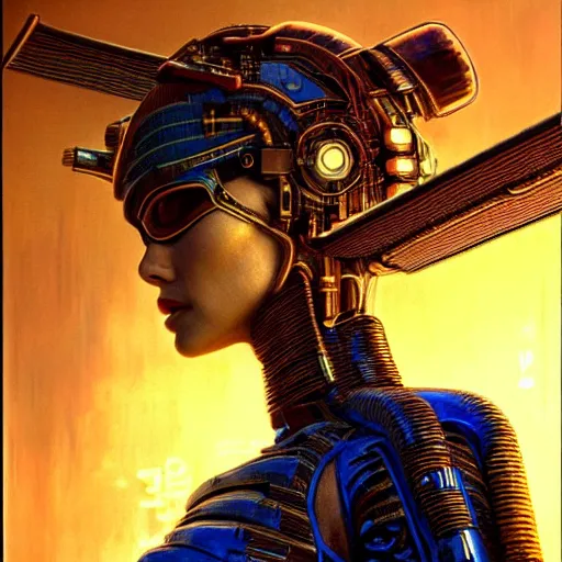 Image similar to natalie portman as cyberpunk samurai, atmospheric lighting, painted, intricate, blue and golden hour, ultra detailed by peter gric, giger, enki bilal