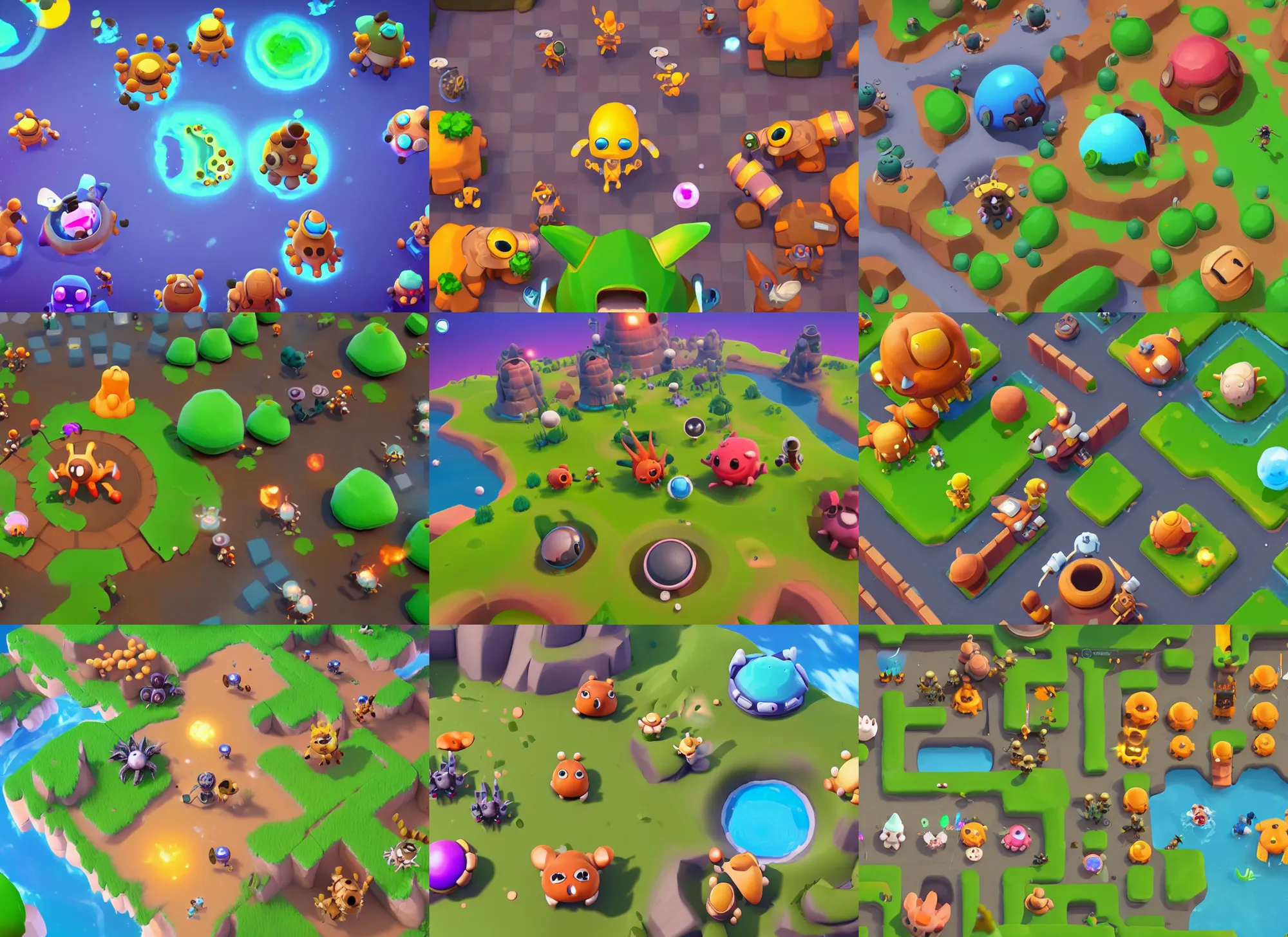 Prompt: mobile battle royale game about alien cute little animals that land on a planet with different biomes, craters, alien capsules, bushes in the visual style of Brawl Stars and Spore and Eternal Cylinder, view from above and slightly behind, world curvature, ui and ux