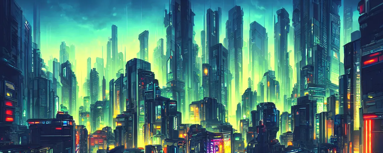 Image similar to A cyberpunk cityscape, by Cyril Rolando, landscape, dramatic lighting, high contrast colors, panoramic view, as trending on Artstation, highly detailed,