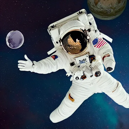 Image similar to astronaut in outer space lit from below, full body photo