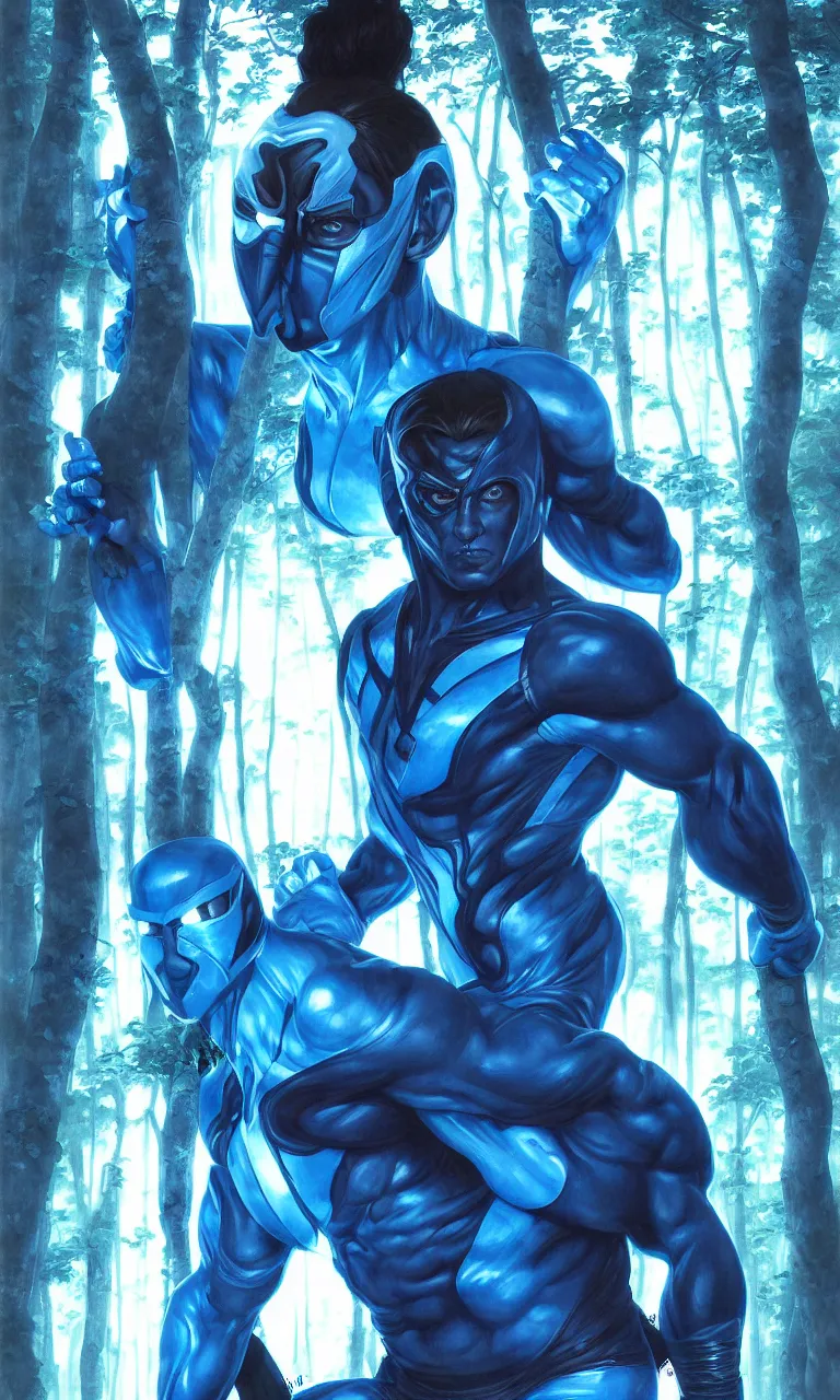 Image similar to portrait of sub zero in the forest, full body shot, highly detailed dramatic lighting fantasy artstation artgerm, mk ninja, tight blue ninja suit, by lee bermejo, alphonse mucha and greg rutkowski