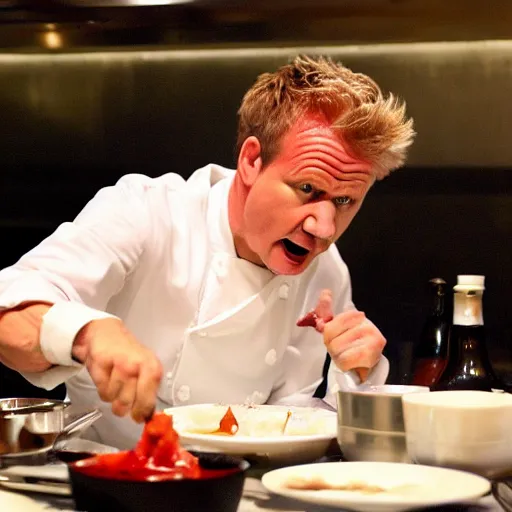 Prompt: <photo hd reaction>Gordon Ramsey in furious rage about the amount of ketchup on his plate</photo>