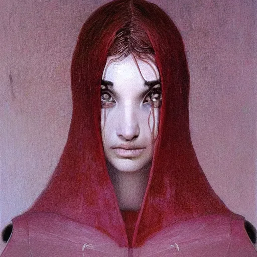 Prompt: portrait painting of teenage female knight by Beksinski, she is pale with short dark hairs. Strange creatures are around