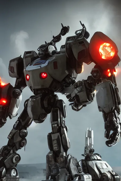 Image similar to mechwarrior 5 : mercenaries mech megaman transformer robot boss tank engine game octane render, 4 k, hd 2 0 2 2 3 d cgi rtx hdr style chrome reflexion glow fanart, global illumination ray tracing hdr fanart arstation by sung choi and eric pfeiffer and gabriel garza and casper konefal pixar and disney unreal zbrush central hardmesh