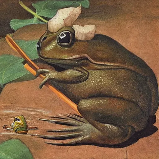 Image similar to “ beaver eating a frog, renaissance painting ”