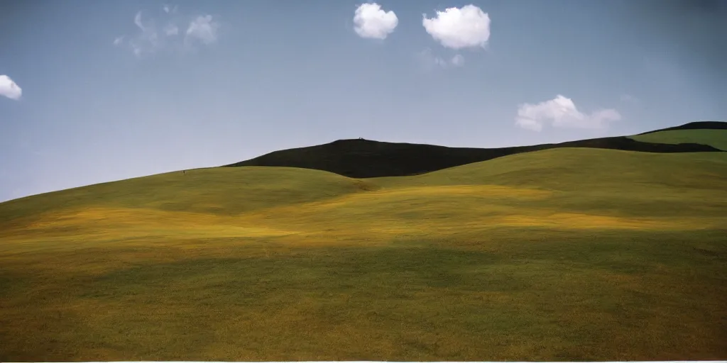 Image similar to A full color still from a Stanley Kubrick film featuring rolling green hills with windows, doors, and chimneys built into the hills, 35mm, 1975