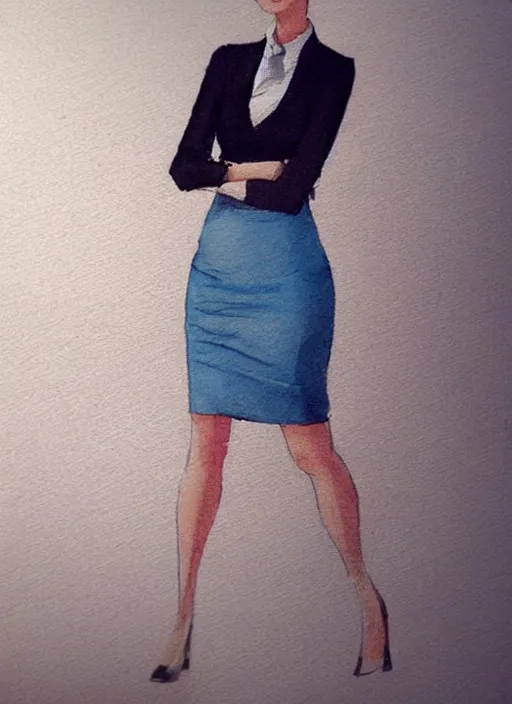 Image similar to concept art of a modern office life, young attractive business woman in pencil miniskirt and sleeveless turtleneck, pinterest, artstation trending, behance, watercolor, by coby whitmore, silver, laser light,