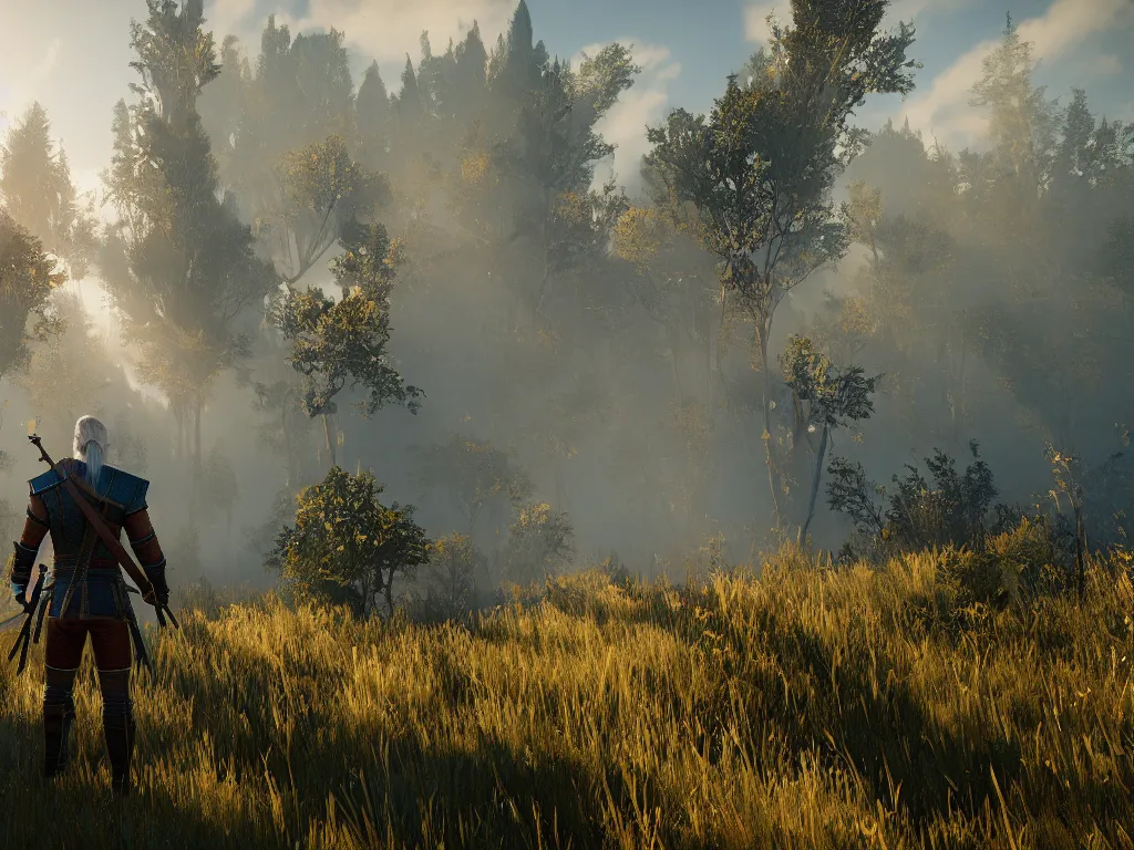 Prompt: beautiful the witcher 5 mod adds full global illumination, sunbeams, volumetric fog, atmospheric scattering, water caustics and physics, unreal engine 5, filmic bloom, rtx mod, ultra high extreme settings, realism mod, realistic light propagation, amazing landscape
