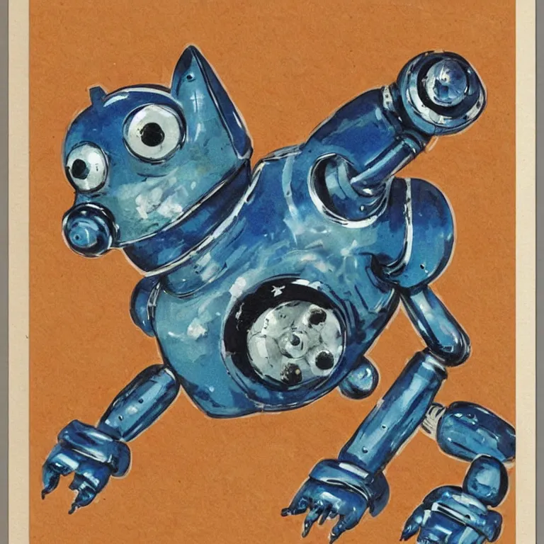 Image similar to a cute retro robot dog. alcohol inks on parchment, muted colors, detailed, beautiful, textured parchment background, 1 9 5 0 s concept art