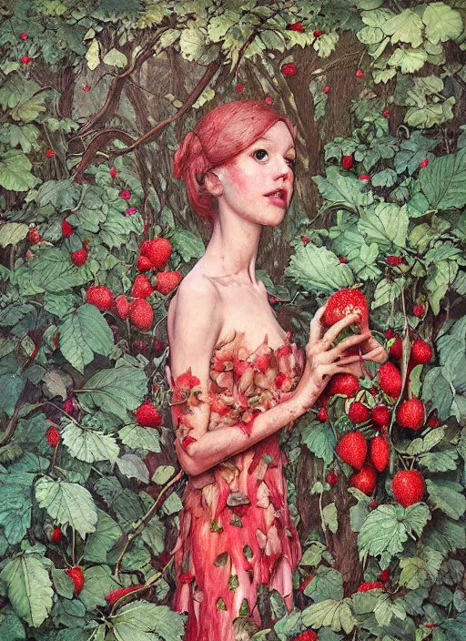 Image similar to lush strawberry forest fairy foliage painting carved in amber by chiara bautista and norman rockwell and greg rutkowski weta studio