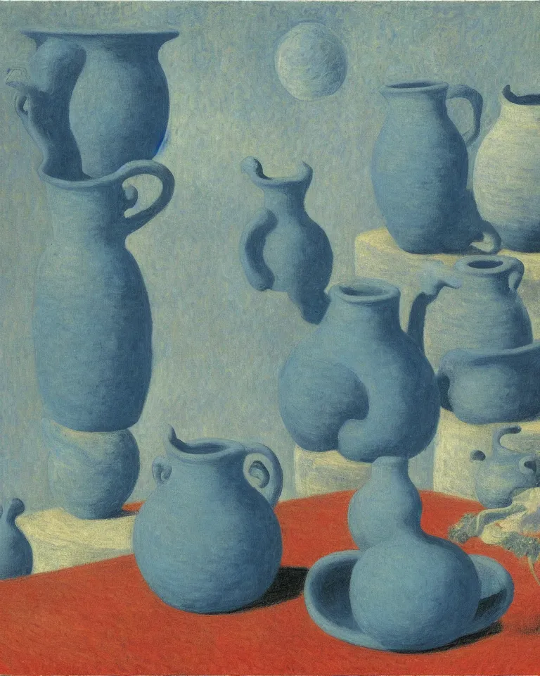 Prompt: achingly beautiful painting of incan pottery on baby blue background by rene magritte, monet, and turner. piranesi.