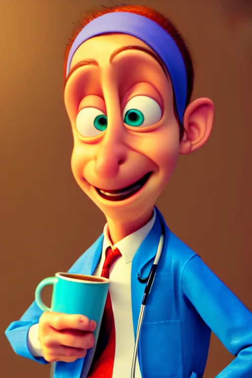 Image similar to portrait of the crazy doctor holding a cup of coffee, hospital in background, full body. pixar disney 4 k 3 d render funny animation movie oscar winning trending on artstation and behance. ratatouille style.