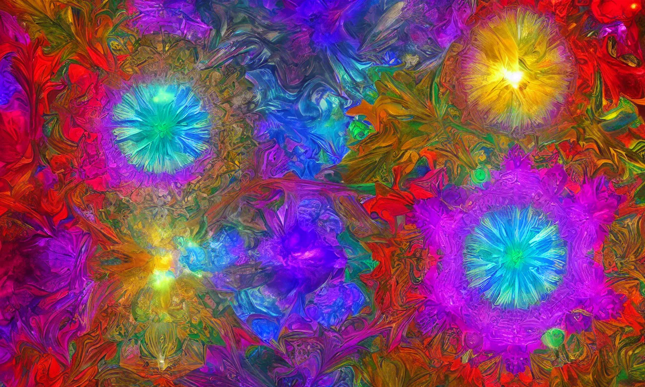 Image similar to acrylics blob voronoi engine laboratory 3 d volume kaleidoscope mandala fractal chakra digital multicolor stylized concept substance liquid nebula stone, a spectacular view cinematic rays of sunlight comic book illustration, by john kirby radiating a glowing aura global illumination ray tracing hdr depth fog overlay multiply photoshop layer