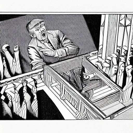 Image similar to a m. c. escher style drawing of trump and his safe