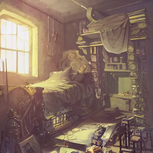 Image similar to detailed room in the sewer lair The room is a clean and delicate room ,over the bed there is a sword rack ,everything is neat ,stack of comics on the floor,soft,light,bright,epic,awesome,digital art, by Simon beak and Greg rutkowski