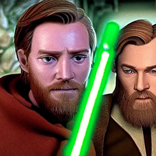 Image similar to Vinesauce Joel as Obi-Wan Kenobi holding a lightsaber in the film Star Wars
