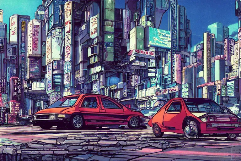 Prompt: 1990 Geo Metro, city in anime cyberpunk style by Hayao Miyazaki