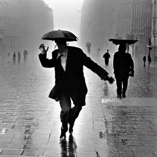 Prompt: the man leaping with an umbrella in a raining paris street, by henri cartier bresson,