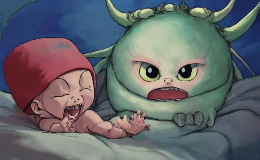 Image similar to the cute demon baby awoke from its slumber beneath the bed frame, digital painting masterpiece, haunting beautiful brush strokes, painted by Moebius and Hayao Miyazaki and Akira Toriyama