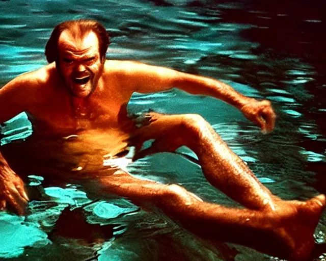 Image similar to Jack Nicholson as a merman swimming underwater, cinematic lighting, cinematography photograph