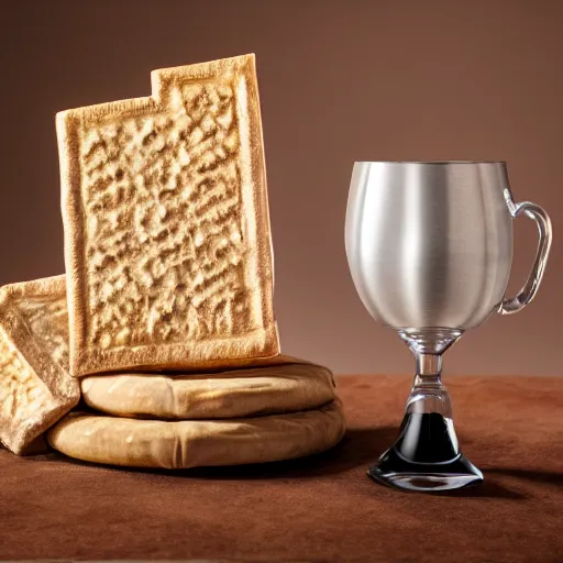 Image similar to studio photography of 1st century wine goblet and matzah, studio lighting, solid color background 8k