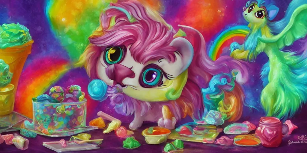 Prompt: rainbow sorbet made in the shape of 3 d littlest pet shop mythical manticore, realistic, melting, soft painting, desserts, ice cream, glitter, forest, aurora, master painter and art style of noel coypel, art of emile eisman - semenowsky, art of edouard bisson