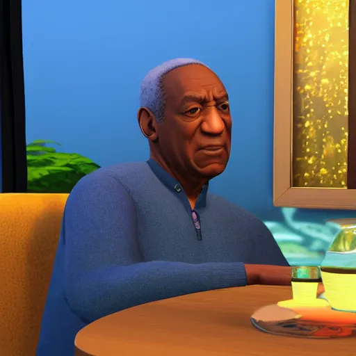 Image similar to bill cosby holding a drink in the sims 4, movie still, cinematic lighting, dramatic, octane render, long lens, shallow depth of field, bokeh, anamorphic lens flare, 8 k, hyper detailed, 3 5 mm film grain