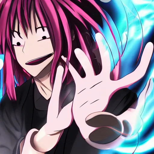 Image similar to anime character looking at his hand, He just discovered magic and look scared and confused, His hand has magic, Digital art,
