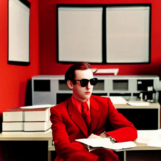 Prompt: portrait front view of a man in a red suit sitting at a desk, red lenses sunglasses, pale skin, black hair, creepy atmosphere, background 1970s office, photograph by Wes Anderson