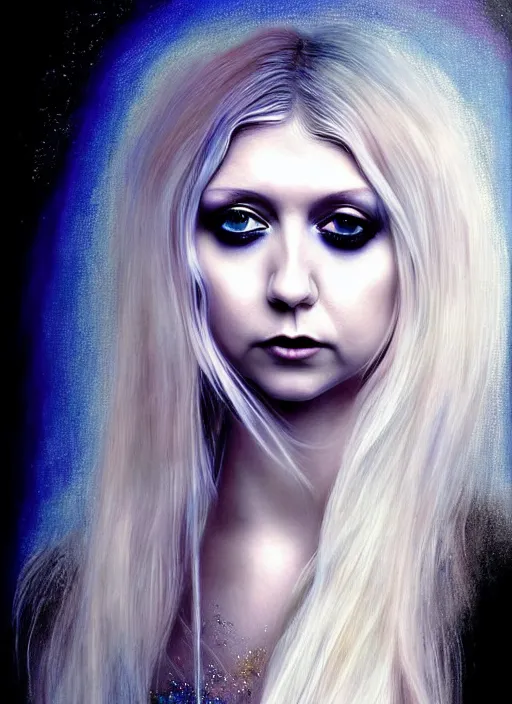 Image similar to elegantly disdainful. Taylor Momsen as empress of pulsar stars. ultra detailed painting at 16K resolution and amazingly epic visuals. epically beautiful image. amazing effect, image looks gorgeously crisp as far as it's visual fidelity goes, absolutely outstanding. vivid clarity. ultra. iridescent. mind-breaking. mega-beautiful pencil shadowing. beautiful face. Ultra High Definition. godly shading diffusion. amazingly crisp sharpness. photorealistic 3D rendering on film cel processed twice..