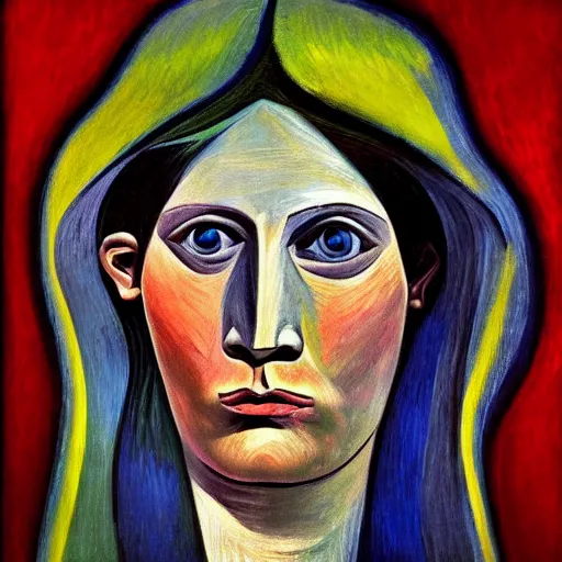 Prompt: Intricate five star Angel facial portrait by Pablo Picasso,oil on canvas, Photo Realistic, hyperrealism, high detail, matte finish, high contrast, 3d depth, masterpiece, vivid colors, artstationhd