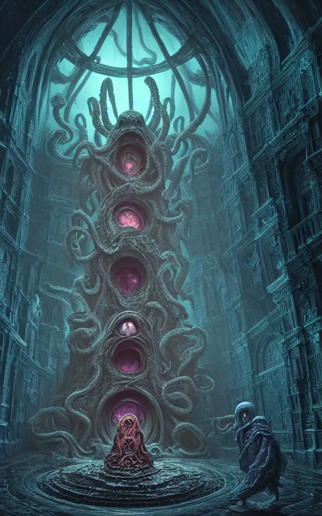 Prompt: hooded necromancer in front of a cthulhu within a viscosity fluid lovecraft portal, intricate architecture, baroque detailed, unreal engine, octane render, micro detail, digital art by dan mumford and peter mohrbacher and wayne barlowe, intricate detail, subsurface scattering, ray tracing, unreal engine, octane render