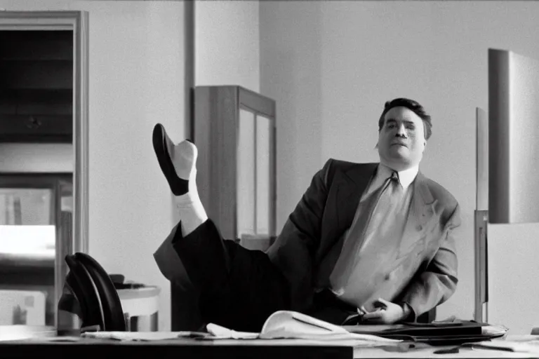 Image similar to cinematic film still from 1994 film: portly clean-shaven white man wearing suit and necktie at his desk, holding his left foot up in the air, XF IQ4, f/1.4, ISO 200, 1/160s, 8K, RAW, dramatic lighting, symmetrical balance, in-frame