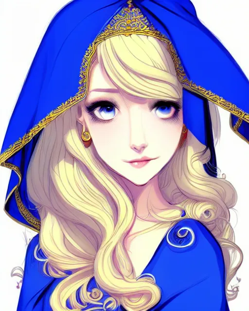 Image similar to a blonde woman wearing a blue veil and blue robes with ornate patterns, webcomic style | | very very manhwa!!!, fine - face, realistic shaded perfect face, fine details. manhwa. realistic shaded lighting poster