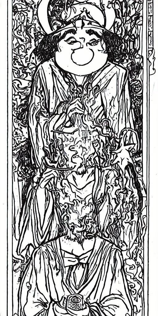 Image similar to a mystical man with a goblet on the table, wizard hat, drawn by Naoko Takeuchi, impressive line work, tarot card. tarot card the magician, psychedelic