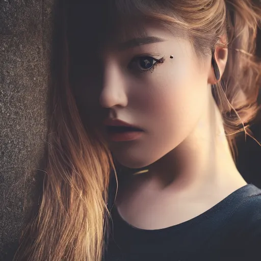 Prompt: wide shot of a beautiful girl with human face and android body, cute - fine - face, pretty face, realistic shaded perfect face, fine details, 8 k, shallow depth of field, moody lighting, cinematic lighting,