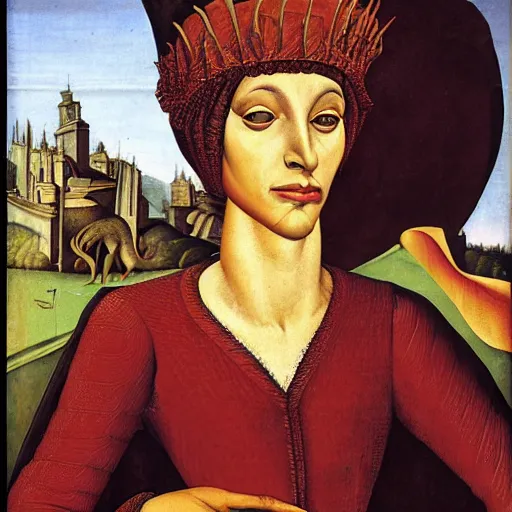 Image similar to portrait of an anthropomorphic velociraptor, dressed as an italian queen, sandro bottecelli, 1 5 0 0