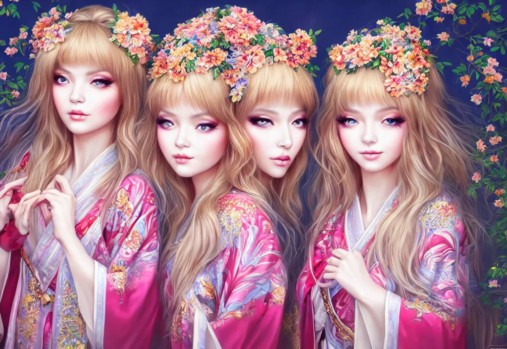 Image similar to two beautiful fashion siberian girls wear fantasy kimono in festival | | big eyes, sunny, dreamlike art, realistic shaded, smile, good looking, hyper details, 4 k realistic, cryengine, realistic shaded lighting poster by artgerm, ross tran, fuji choko, loish, 8 k resolution, trending on artstation, luxury