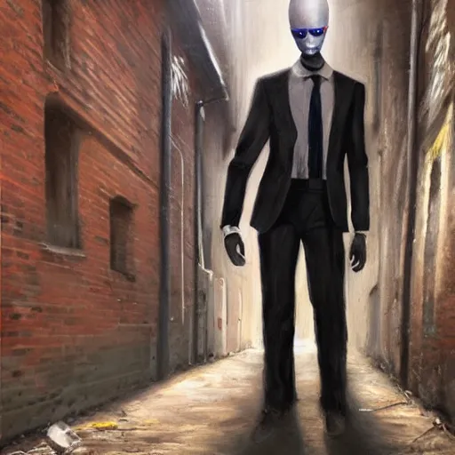 Image similar to a perfect, realistic professional oil painting of slender man posing in a dystopian alleyway, close-up, by a professional American senior artist on ArtStation, a high-quality hollywood-style concept