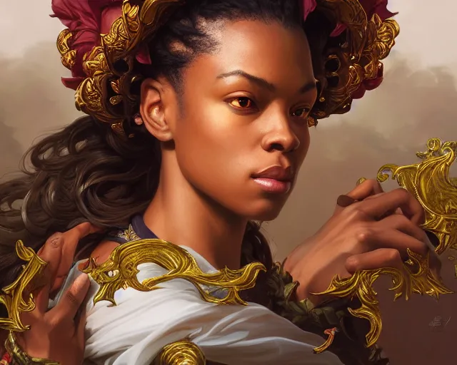 Image similar to photography of kehinde wiley, deep focus, d & d, fantasy, intricate, elegant, highly detailed, digital painting, artstation, concept art, matte, sharp focus, illustration, hearthstone, art by artgerm and greg rutkowski and alphonse mucha