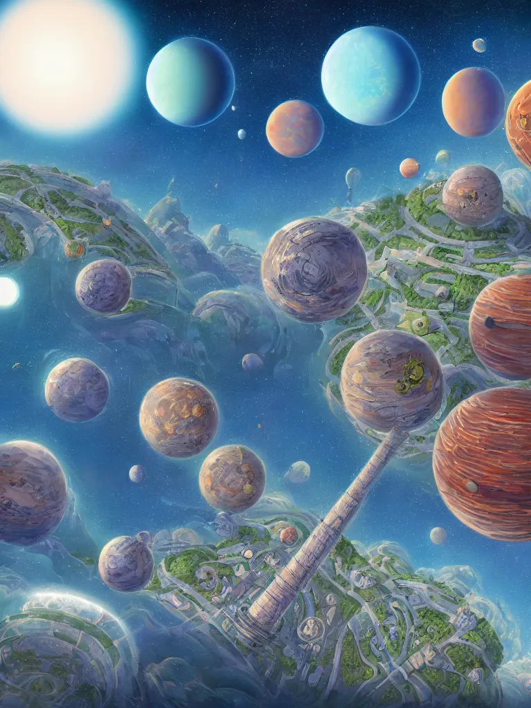 Image similar to detailed concept art of a fantastic space city on a tiny planet with multiple little moons and maybe some cute satellites against a breathtaking sky, by dr seuss and bob ross