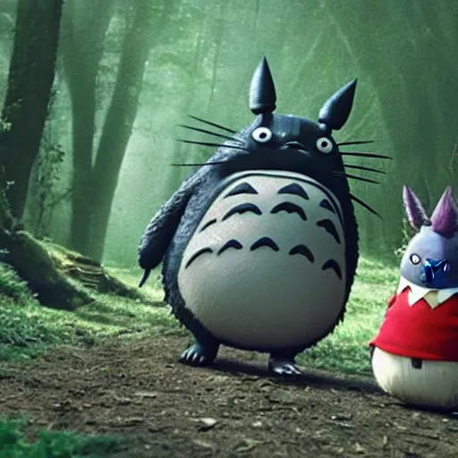 Prompt: tim burton's My Neighbor Totoro remake, live action, dark comedy, gothic, production photo