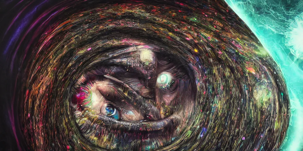 Image similar to realistic portrait of a creature experiment gone wrong, opened portal, psychedelic, dark art, facing camera, photo realistic, detailed, 1 4 5 0, delicate, hyper realism, ultra realistic, 8 k