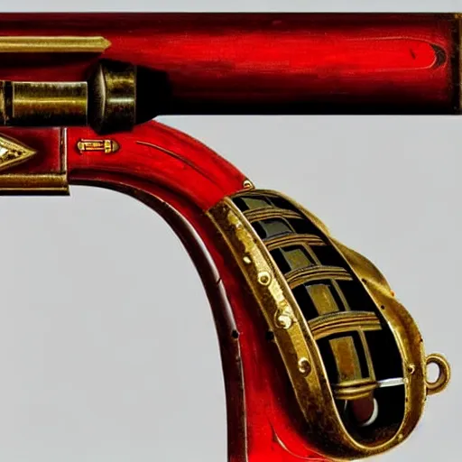 Image similar to a magical antique sawed - off double - barreled shotgun made from glossy red - painted wood and elements of gold metalwork, video game concept art